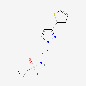 molecular formula C12H15N3O2S2 B2616568 N-(2-(3-(thiophen-2-yl)-1H-pyrazol-1-yl)ethyl)cyclopropanesulfonamide CAS No. 1797717-80-6