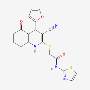 molecular formula C19H16N4O3S2 B2616569 2-[[3-氰基-4-(呋喃-2-基)-5-氧代-4,6,7,8-四氢-1H-喹啉-2-基]硫代]-N-(1,3-噻唑-2-基)乙酰胺 CAS No. 865591-83-9