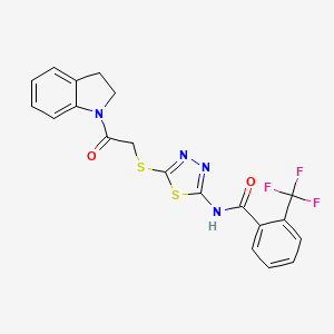 molecular formula C20H15F3N4O2S2 B2616596 N-(5-((2-(indolin-1-yl)-2-oxoethyl)thio)-1,3,4-thiadiazol-2-yl)-2-(trifluoromethyl)benzamide CAS No. 389072-71-3