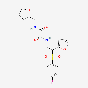 molecular formula C19H21FN2O6S B2616707 N-[2-[(4-fluorophenyl)sulfonyl]-2-(2-furyl)ethyl]-N'-(tetrahydrofuran-2-ylmethyl)ethanediamide CAS No. 896311-59-4