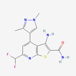molecular formula C14H13F2N5OS B2616733 3-amino-6-(difluoromethyl)-4-(1,3-dimethyl-1H-pyrazol-4-yl)thieno[2,3-b]pyridine-2-carboxamide CAS No. 1005694-50-7