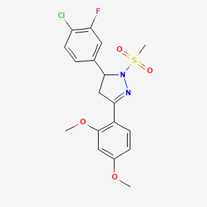 molecular formula C18H18ClFN2O4S B2616793 5-(4-chloro-3-fluorophenyl)-3-(2,4-dimethoxyphenyl)-1-(methylsulfonyl)-4,5-dihydro-1H-pyrazole CAS No. 1797755-99-7