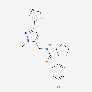 molecular formula C21H22ClN3OS B2616808 1-(4-chlorophenyl)-N-{[1-methyl-3-(thiophen-2-yl)-1H-pyrazol-5-yl]methyl}cyclopentane-1-carboxamide CAS No. 2310142-72-2
