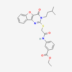 molecular formula C26H27N3O5S B2616927 Ethyl 3-(2-((3-isopentyl-4-oxo-3,4-dihydrobenzofuro[3,2-d]pyrimidin-2-yl)thio)acetamido)benzoate CAS No. 899961-22-9