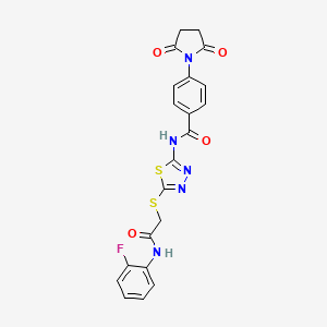 molecular formula C21H16FN5O4S2 B2616928 4-(2,5-dioxopyrrolidin-1-yl)-N-(5-((2-((2-fluorophenyl)amino)-2-oxoethyl)thio)-1,3,4-thiadiazol-2-yl)benzamide CAS No. 389073-32-9