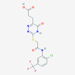 molecular formula C15H12ClF3N4O4S B2617090 3-{3-[(2-{[2-Chloro-5-(trifluoromethyl)phenyl]amino}-2-oxoethyl)sulfanyl]-5-oxo-4,5-dihydro-1,2,4-triazin-6-yl}propanoic acid CAS No. 896170-24-4