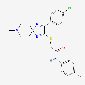 molecular formula C22H22ClFN4OS B2617174 2-((3-(4-chlorophenyl)-8-methyl-1,4,8-triazaspiro[4.5]deca-1,3-dien-2-yl)thio)-N-(4-fluorophenyl)acetamide CAS No. 1184983-93-4