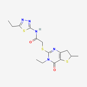 molecular formula C15H19N5O2S3 B2617270 2-[(3-乙基-6-甲基-4-氧代-6,7-二氢噻吩[3,2-d]嘧啶-2-基)硫代]-N-(5-乙基-1,3,4-噻二唑-2-基)乙酰胺 CAS No. 851409-26-2