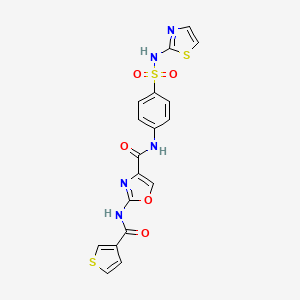 molecular formula C18H13N5O5S3 B2617300 N-(4-(N-(噻唑-2-基)磺酰胺)苯基)-2-(噻吩-3-甲酰胺)恶唑-4-甲酰胺 CAS No. 1421484-77-6