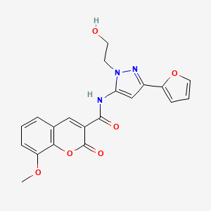 molecular formula C20H17N3O6 B2617303 N-(3-(呋喃-2-基)-1-(2-羟乙基)-1H-吡唑-5-基)-8-甲氧基-2-氧代-2H-色烯-3-甲酰胺 CAS No. 1219902-65-4