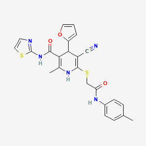 molecular formula C24H21N5O3S2 B2617397 5-cyano-4-(furan-2-yl)-2-methyl-6-[2-(4-methylanilino)-2-oxoethyl]sulfanyl-N-(1,3-thiazol-2-yl)-1,4-dihydropyridine-3-carboxamide CAS No. 865591-91-9