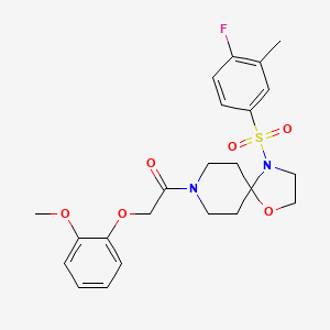 molecular formula C23H27FN2O6S B2617476 4-[(4-Fluoro-3-methylphenyl)sulfonyl]-8-[(2-methoxyphenoxy)acetyl]-1-oxa-4,8-diazaspiro[4.5]decane CAS No. 923131-43-5
