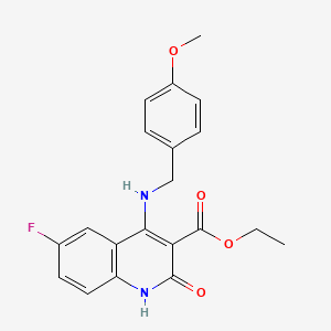 molecular formula C20H19FN2O4 B2617504 Ethyl 6-fluoro-4-((4-methoxybenzyl)amino)-2-oxo-1,2-dihydroquinoline-3-carboxylate CAS No. 1251602-01-3