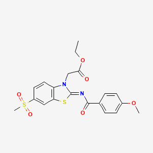 molecular formula C20H20N2O6S2 B2617614 Ethyl 2-[2-(4-methoxybenzoyl)imino-6-methylsulfonyl-1,3-benzothiazol-3-yl]acetate CAS No. 865247-37-6