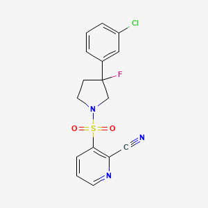 molecular formula C16H13ClFN3O2S B2617719 3-[3-(3-Chlorophenyl)-3-fluoropyrrolidin-1-yl]sulfonylpyridine-2-carbonitrile CAS No. 2224049-12-9