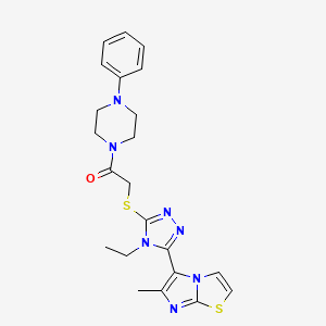 molecular formula C22H25N7OS2 B2617731 2-((4-ethyl-5-(6-methylimidazo[2,1-b]thiazol-5-yl)-4H-1,2,4-triazol-3-yl)thio)-1-(4-phenylpiperazin-1-yl)ethanone CAS No. 1105224-19-8