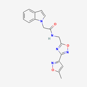 molecular formula C17H15N5O3 B2617764 2-(1H-indol-1-yl)-N-((3-(5-methylisoxazol-3-yl)-1,2,4-oxadiazol-5-yl)methyl)acetamide CAS No. 2034459-64-6