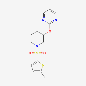molecular formula C14H17N3O3S2 B2617770 2-((1-((5-Methylthiophen-2-yl)sulfonyl)piperidin-3-yl)oxy)pyrimidine CAS No. 2034396-42-2
