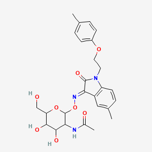 (E)-N-(4,5-dihydroxy-6-(hydroxymethyl)-2-(((5-methyl-2-oxo-1-(2-(p-tolyloxy)ethyl)indolin-3-ylidene)amino)oxy)tetrahydro-2H-pyran-3-yl)acetamide