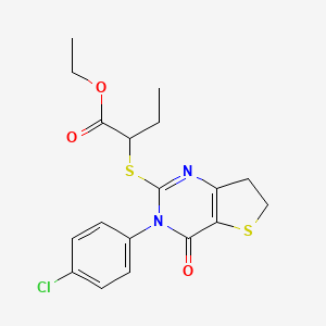 molecular formula C18H19ClN2O3S2 B2617823 Ethyl 2-[[3-(4-chlorophenyl)-4-oxo-6,7-dihydrothieno[3,2-d]pyrimidin-2-yl]sulfanyl]butanoate CAS No. 687565-19-1