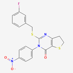 molecular formula C19H14FN3O3S2 B2617847 2-((3-fluorobenzyl)thio)-3-(4-nitrophenyl)-6,7-dihydrothieno[3,2-d]pyrimidin-4(3H)-one CAS No. 687569-23-9