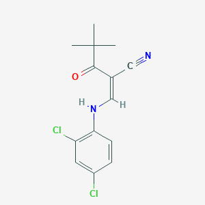 molecular formula C14H14Cl2N2O B2618010 3-((2,4-Dichlorophenyl)amino)-2-(2,2-dimethylpropanoyl)prop-2-enenitrile CAS No. 1025625-29-9