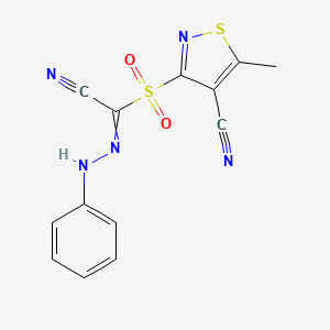 molecular formula C13H9N5O2S2 B2618034 N-anilino-1-[(4-cyano-5-methyl-1,2-thiazol-3-yl)sulfonyl]methanimidoyl cyanide CAS No. 337928-19-5