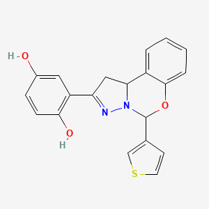 molecular formula C20H16N2O3S B2618125 2-(5-(thiophen-3-yl)-5,10b-dihydro-1H-benzo[e]pyrazolo[1,5-c][1,3]oxazin-2-yl)benzene-1,4-diol CAS No. 899973-74-1
