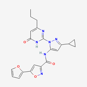 molecular formula C21H20N6O4 B2618183 N-(3-cyclopropyl-1-(6-oxo-4-propyl-1,6-dihydropyrimidin-2-yl)-1H-pyrazol-5-yl)-5-(furan-2-yl)isoxazole-3-carboxamide CAS No. 1206996-68-0