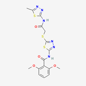 molecular formula C16H16N6O4S3 B2618212 2,6-dimethoxy-N-(5-((2-((5-methyl-1,3,4-thiadiazol-2-yl)amino)-2-oxoethyl)thio)-1,3,4-thiadiazol-2-yl)benzamide CAS No. 391868-77-2