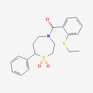 molecular formula C20H23NO3S2 B2618262 (1,1-Dioxido-7-phenyl-1,4-thiazepan-4-yl)(2-(ethylthio)phenyl)methanone CAS No. 2034309-32-3