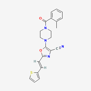 molecular formula C22H20N4O2S B2618300 (E)-5-(4-(2-甲基苯甲酰)哌嗪-1-基)-2-(2-(噻吩-2-基)乙烯基)恶唑-4-腈 CAS No. 941266-26-8