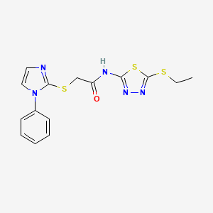 molecular formula C15H15N5OS3 B2618322 N-(5-(ethylthio)-1,3,4-thiadiazol-2-yl)-2-((1-phenyl-1H-imidazol-2-yl)thio)acetamide CAS No. 851130-86-4