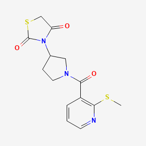 molecular formula C14H15N3O3S2 B2618386 3-(1-(2-(Methylthio)nicotinoyl)pyrrolidin-3-yl)thiazolidine-2,4-dione CAS No. 1795301-48-2