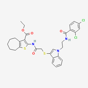 ethyl 2-(2-((1-(2-(2,4-dichlorobenzamido)ethyl)-1H-indol-3-yl)thio)acetamido)-5,6,7,8-tetrahydro-4H-cyclohepta[b]thiophene-3-carboxylate