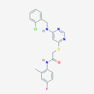 molecular formula C20H18ClFN4OS B2618428 2-({6-[(2-chlorobenzyl)amino]pyrimidin-4-yl}sulfanyl)-N-(4-fluoro-2-methylphenyl)acetamide CAS No. 1251693-52-3