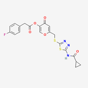 molecular formula C20H16FN3O5S2 B2618439 6-(((5-(cyclopropanecarboxamido)-1,3,4-thiadiazol-2-yl)thio)methyl)-4-oxo-4H-pyran-3-yl 2-(4-fluorophenyl)acetate CAS No. 877651-62-2