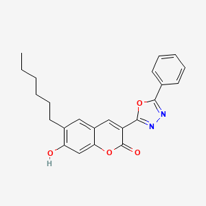 molecular formula C23H22N2O4 B2618454 6-hexyl-7-hydroxy-3-(5-phenyl-1,3,4-oxadiazol-2-yl)-2H-chromen-2-one CAS No. 252551-71-6