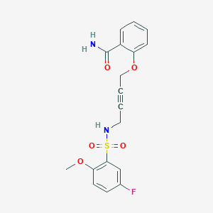 molecular formula C18H17FN2O5S B2618467 2-((4-(5-氟-2-甲氧基苯磺酰胺)丁-2-炔-1-基)氧基)苯甲酰胺 CAS No. 1448076-18-3