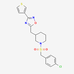molecular formula C19H20ClN3O3S2 B2618479 5-((1-((4-Chlorobenzyl)sulfonyl)piperidin-3-yl)methyl)-3-(thiophen-3-yl)-1,2,4-oxadiazole CAS No. 1705140-87-9