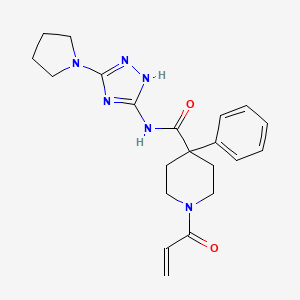 molecular formula C21H26N6O2 B2618512 4-Phenyl-1-prop-2-enoyl-N-(3-pyrrolidin-1-yl-1H-1,2,4-triazol-5-yl)piperidine-4-carboxamide CAS No. 2361749-45-1