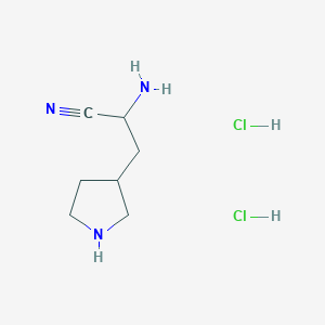 molecular formula C7H15Cl2N3 B2618530 2-氨基-3-吡咯烷基-3-丙腈；二盐酸盐 CAS No. 2580234-47-3