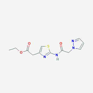 molecular formula C12H14N4O3S B2618586 ethyl 2-(2-(2-(1H-pyrazol-1-yl)acetamido)thiazol-4-yl)acetate CAS No. 1153152-76-1
