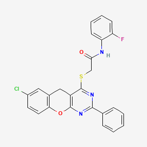 molecular formula C25H17ClFN3O2S B2618626 2-((7-chloro-2-phenyl-5H-chromeno[2,3-d]pyrimidin-4-yl)thio)-N-(2-fluorophenyl)acetamide CAS No. 866340-71-8