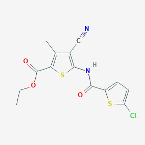 molecular formula C14H11ClN2O3S2 B2618703 Ethyl 5-(5-chlorothiophene-2-carboxamido)-4-cyano-3-methylthiophene-2-carboxylate CAS No. 896325-37-4