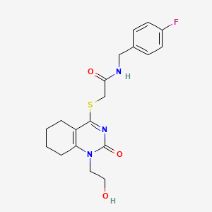 molecular formula C19H22FN3O3S B2618718 N-(4-fluorobenzyl)-2-((1-(2-hydroxyethyl)-2-oxo-1,2,5,6,7,8-hexahydroquinazolin-4-yl)thio)acetamide CAS No. 941920-25-8