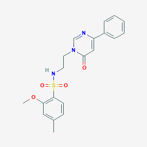 molecular formula C20H21N3O4S B2618745 2-methoxy-4-methyl-N-(2-(6-oxo-4-phenylpyrimidin-1(6H)-yl)ethyl)benzenesulfonamide CAS No. 1334371-51-5
