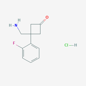 molecular formula C11H13ClFNO B2618746 3-(Aminomethyl)-3-(2-fluorophenyl)cyclobutan-1-one hydrochloride CAS No. 2409597-10-8