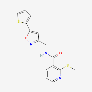 molecular formula C15H13N3O2S2 B2618774 2-(methylthio)-N-((5-(thiophen-2-yl)isoxazol-3-yl)methyl)nicotinamide CAS No. 1207029-26-2