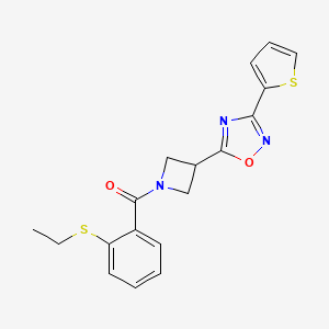 molecular formula C18H17N3O2S2 B2618783 (2-(Ethylthio)phenyl)(3-(3-(thiophen-2-yl)-1,2,4-oxadiazol-5-yl)azetidin-1-yl)methanone CAS No. 1327529-46-3